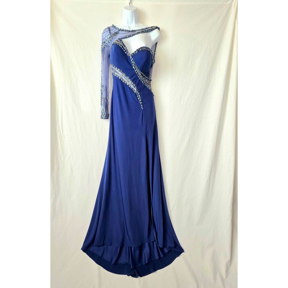 TONY BOWLS Blue Beaded One Shoulder Prom Gown - Picture 3 of 16